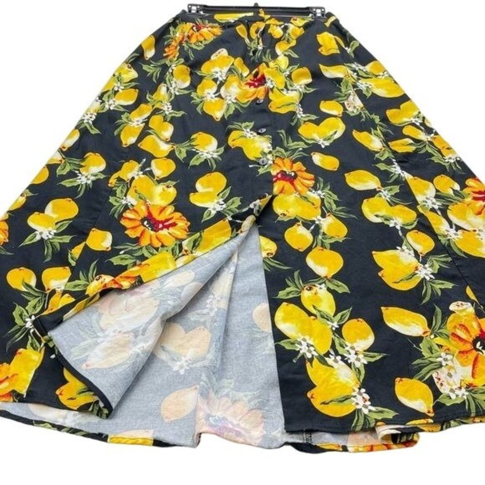 LULUMARI Large Lemon Print Black Button Front Maxi Skirt Size Small - Picture 2 of 8